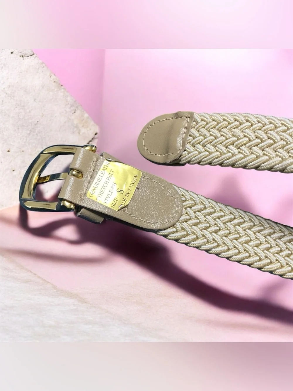 Women’s Braided Elastic Stretch Belt Gold Buckle Leather Tip Waist Belt NWOT